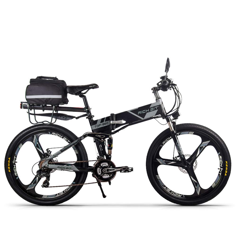 RICH BIT Electric Bike 250W * 36V * 12.8Ah Folding Bicycle Shimano 21 Speed Mountain Ebike (black gray)