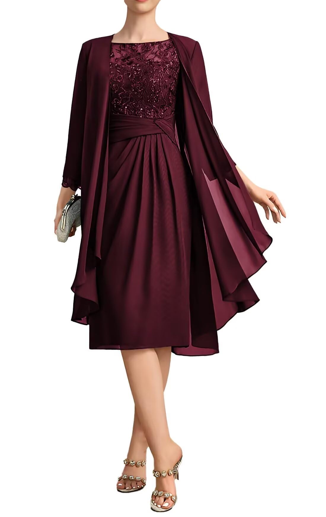 2 Pieces Chiffon Mother of The Bride Dresses Tea Length Lace Long Sleeve Formal Evening Dresses with Jacket