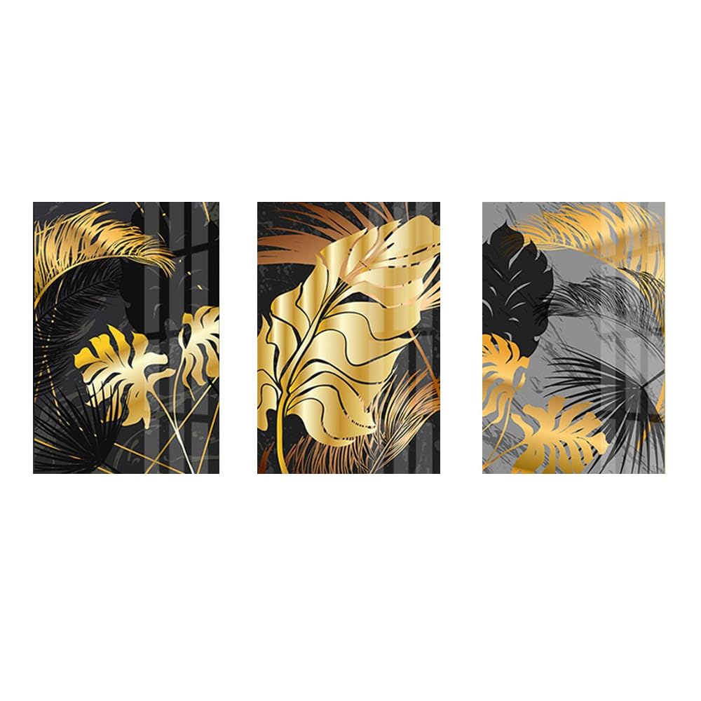 SOBMQ Poster-Black Golden Leaf Canvas Painting Nordic Plants Posters and Print Abstract Wall Art Wall Pictures for Living Kitchen Room Modern Decor-50 * 70cm-3PCS (No Frame)