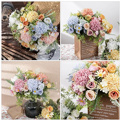 TSLBW 3 Bundles Artificial Flowers Mixed Rose Hydrangea Flower Bouquet Plants Decoration Fake Peony Silk Decor for Home Wedding Office Table Gift, White