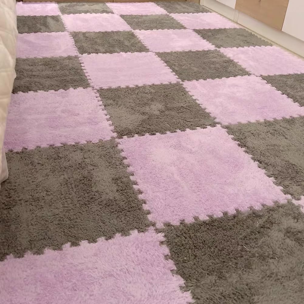 10 Tiles Interlocking Puzzle Play Mat 30x30x1cm EVA Foam Floor Mats,Fluffy Area Rug for Living Room Bedroom,Non-Slip Protective Floor Carpet (Grey Purple)