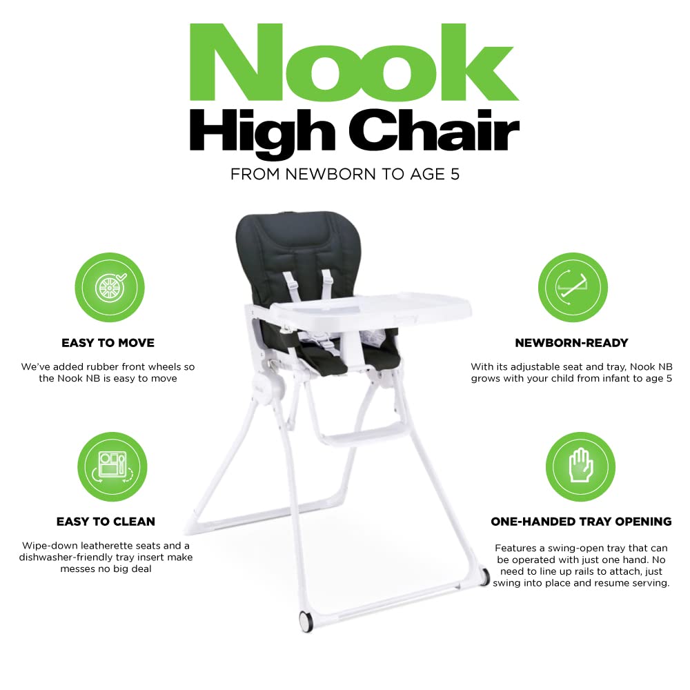 Joovy Nook NB High Chair Featuring Four-Position Adjustable Swing Open Tray, 3-Position Reclining Seat, and Front Wheels for Added Mobility - Folds Down Flat for Easy Storage, Jet