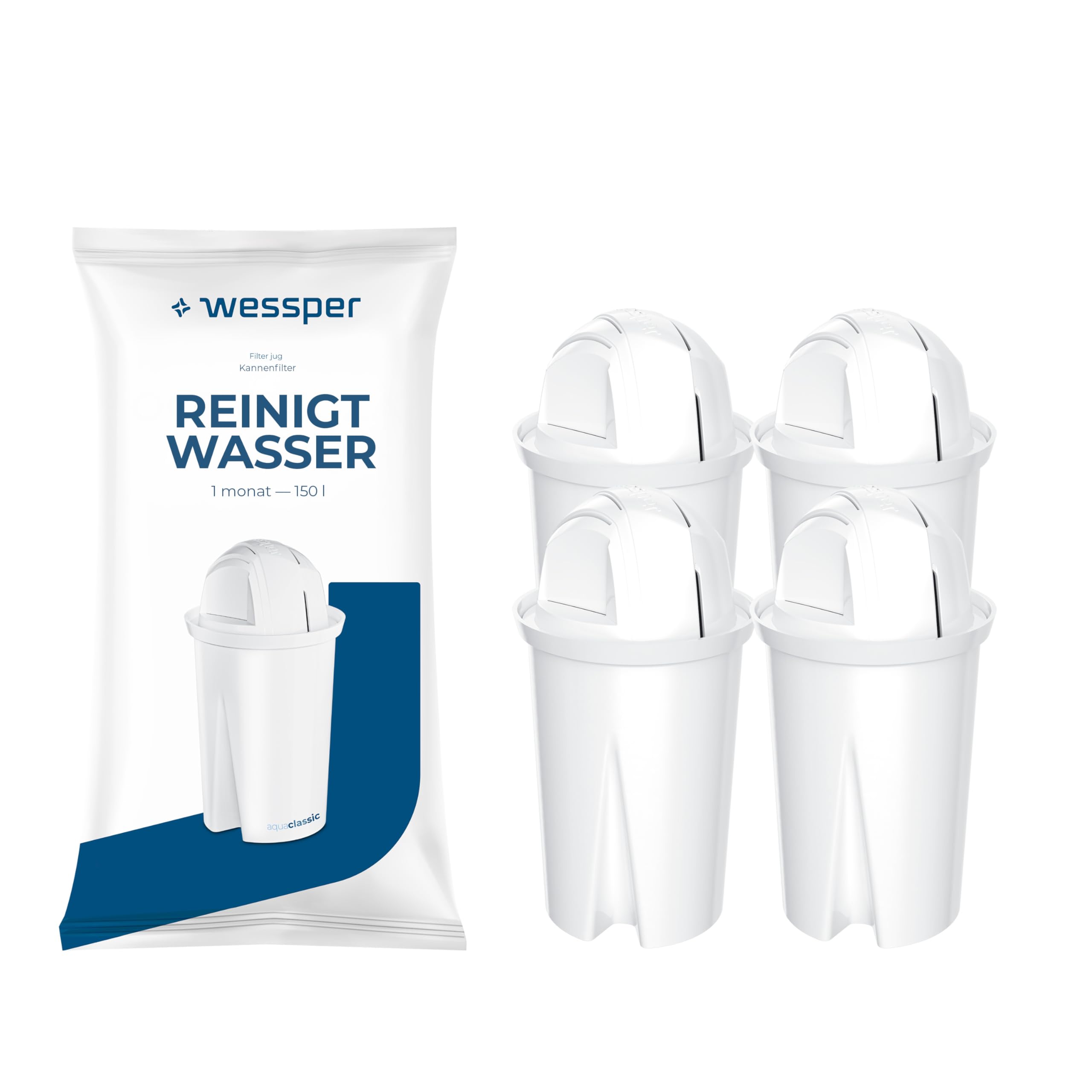 Wessper Wasserfilter Kartuschen Aqua Classic für Wasserkanne, Aktivkhole Filter, Filterkartuschen Kompatibel mit Brita, Dafi, BWT Kanne – 4er Pack