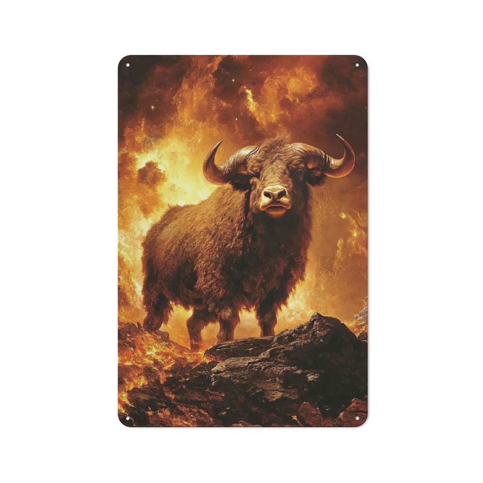Junmoney Fiery Bull Retro Tin Wall Plaque 30X20cm For Dining Room Or Kitchen, For Home Decor Collectors