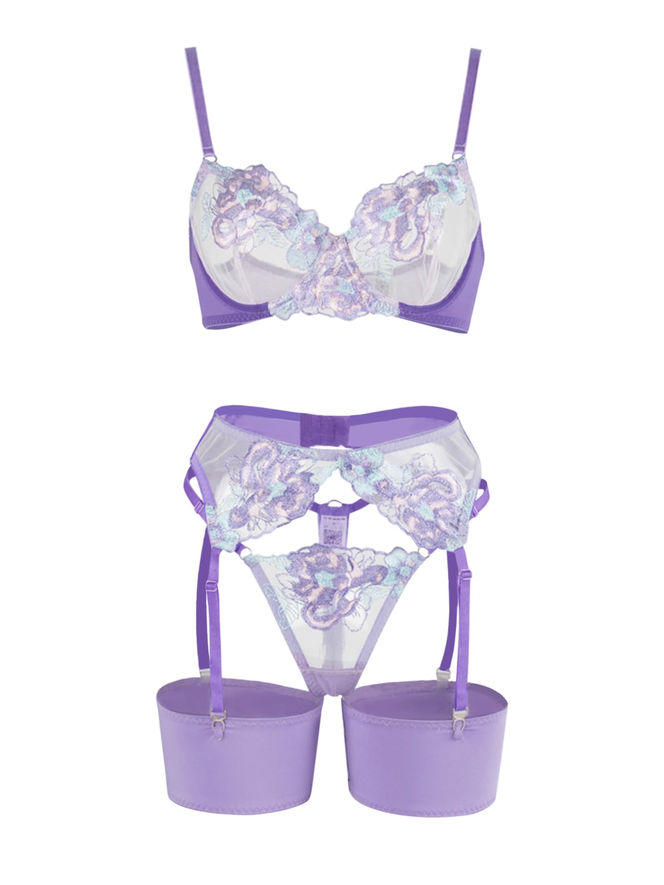 Lilosy Sexy Leaf Floral Embroidered Mesh Sheer Women Underwire Push Up Lingerie Set: X-Large Purple