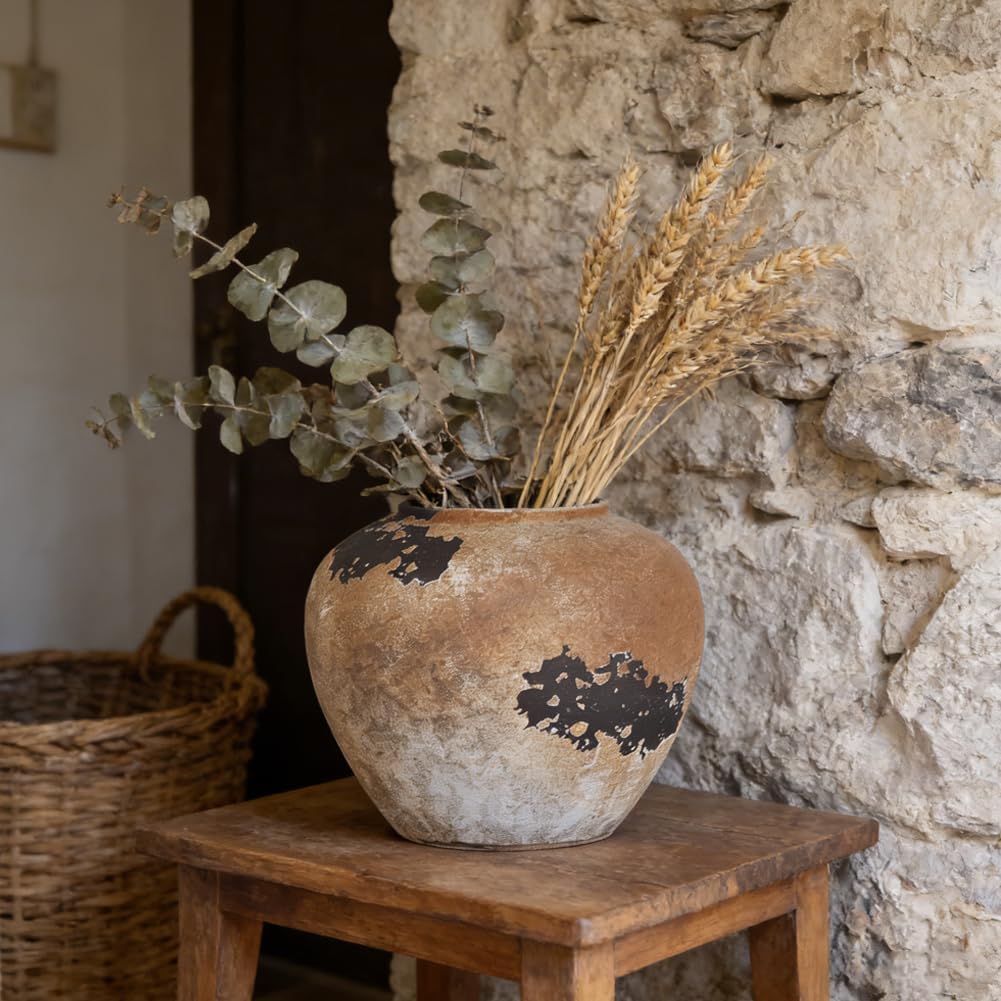 Brown Rustic Ceramic Vase 8.3in, Brown Terracotta Vase for Farmhouse Vases for Home Decor, Natural Vases for Table Centerpieces, Cottage Rustic Decor