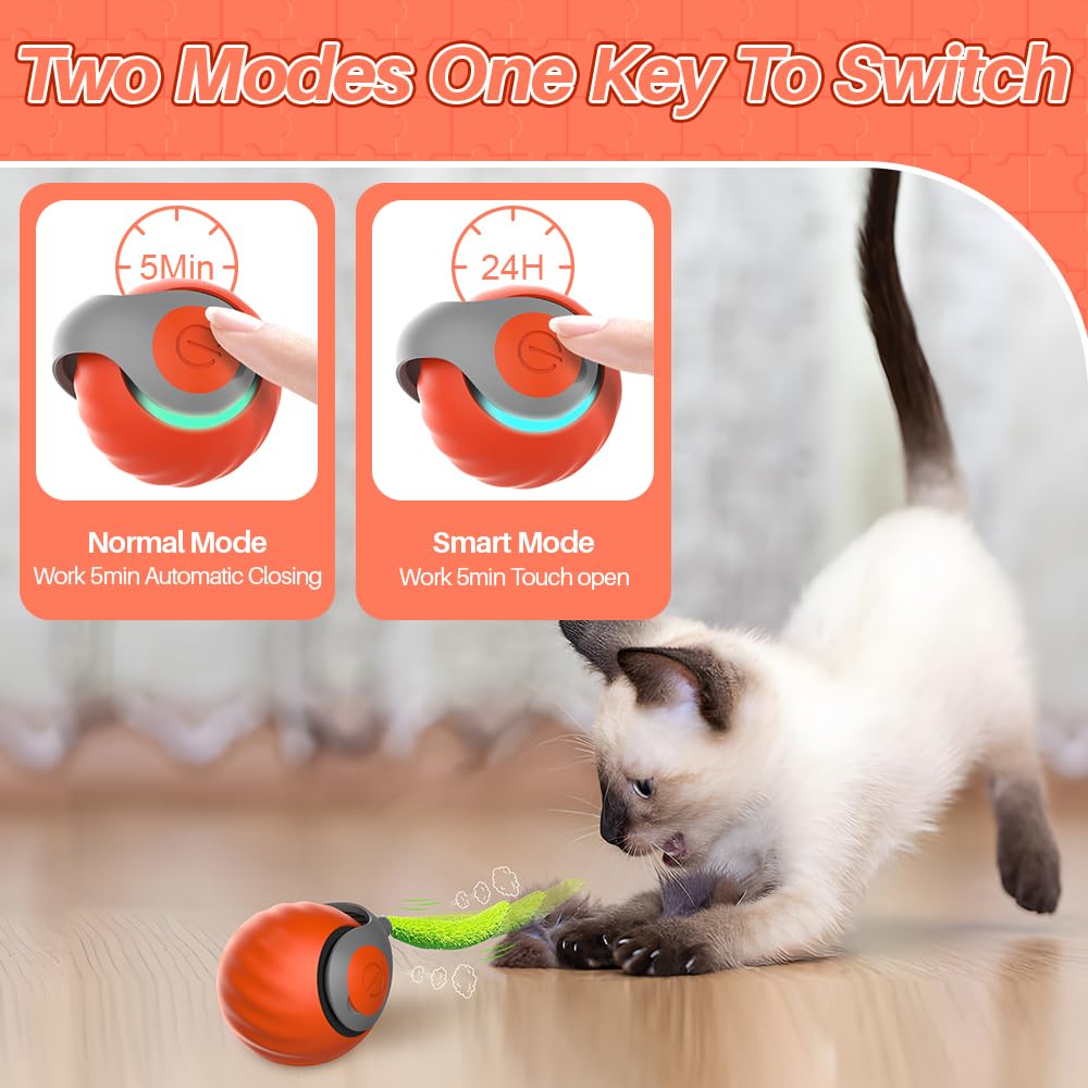 GIJIVCOZ Speedy Cat Toy,Smart Self Rolling Interactive Toy Balls Automatic Moving,Chase Toys for Bored Indoor Kitten/Adult Cats, Rechargable (Orange)