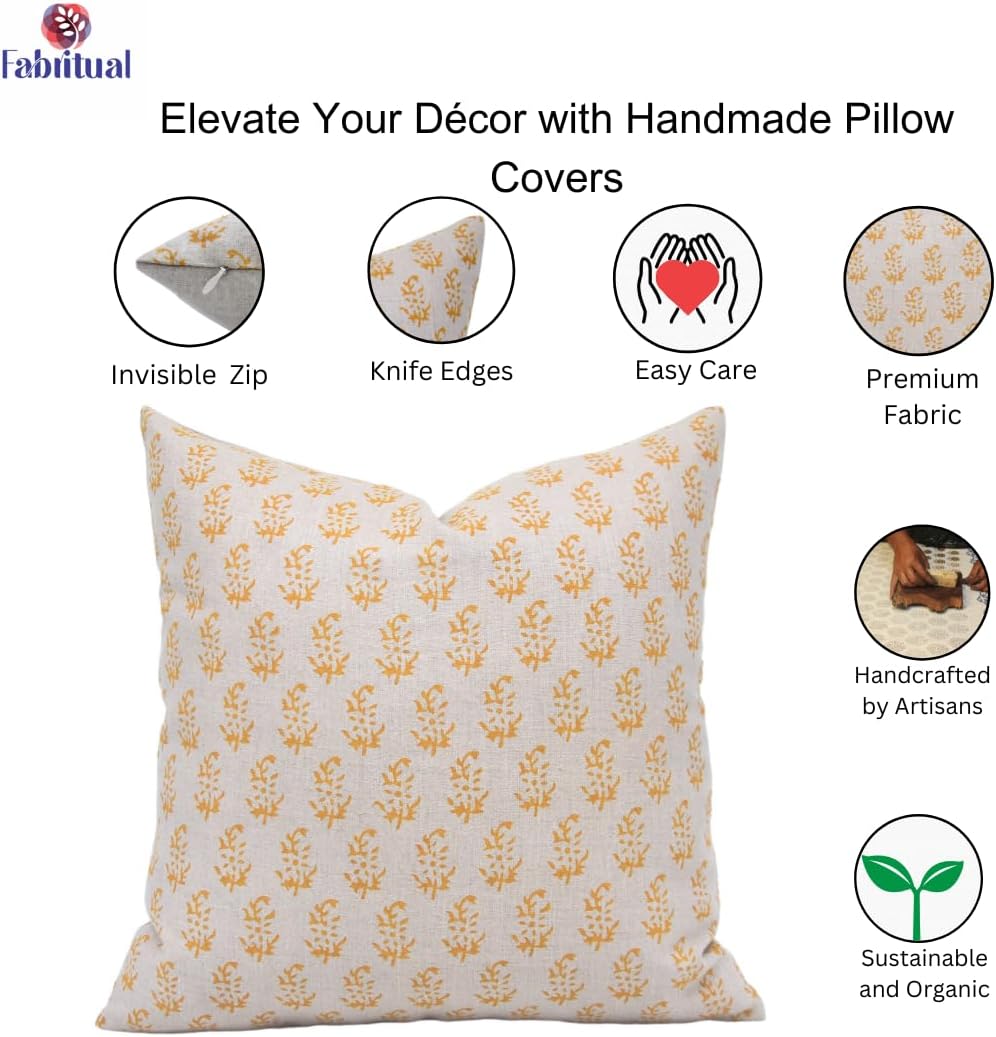 Decorative Handmade Block Print 14X14 Inch Pure Linen Throw Pillowcase Cushion Cover with Zipper for Sofa Couch and Bed, Fall Decoration, Home Décor, Farmhouse, Living Room, Patjhad, Yellow