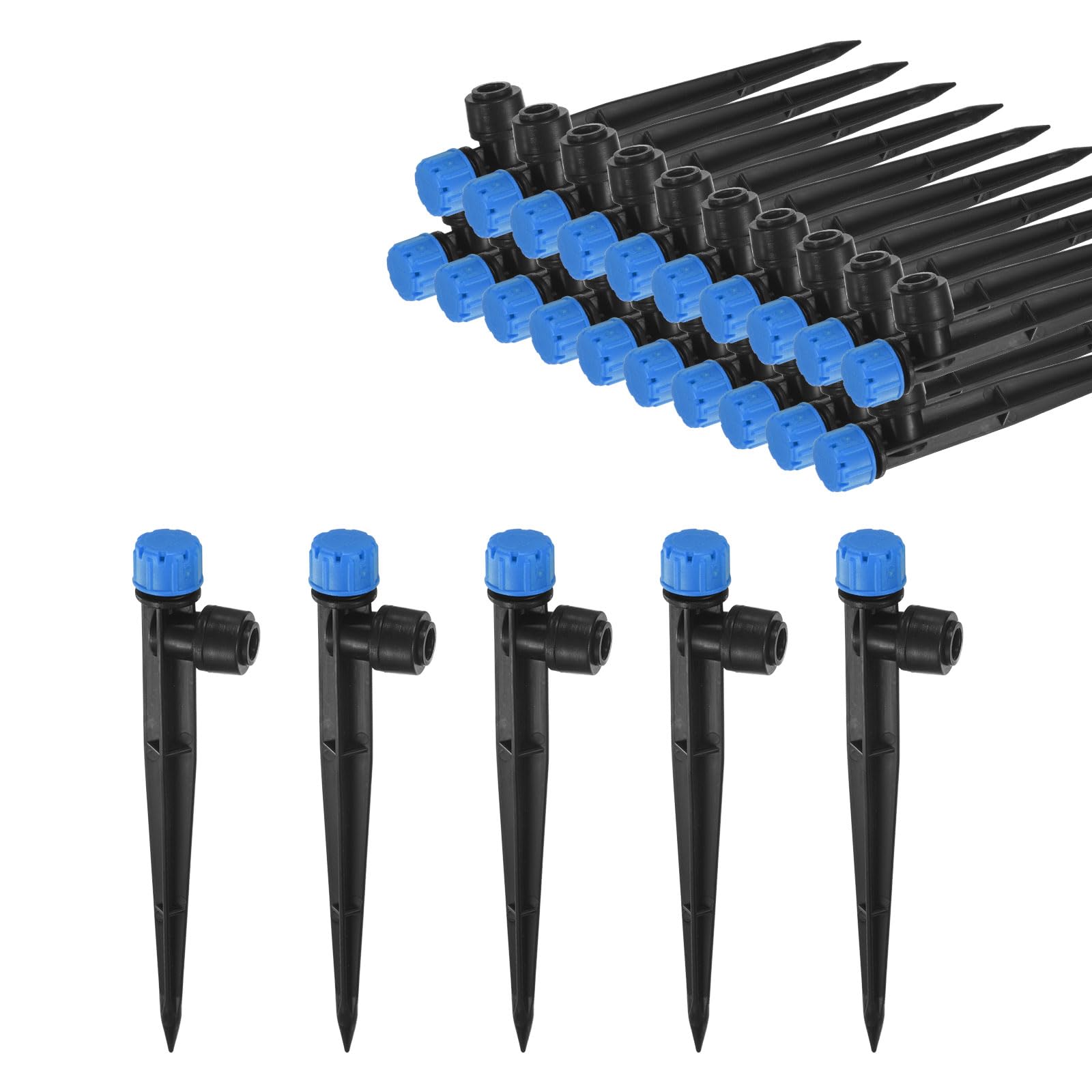 M METERXITY 25-Pack Drip Irrigation Emitters, 5"/13mm Drippers with Stake Adjustable 360 Degree Water Flow 8 Holes for 1/4" Drip Irrigation Tubing for Watering System [Blue, Drip]