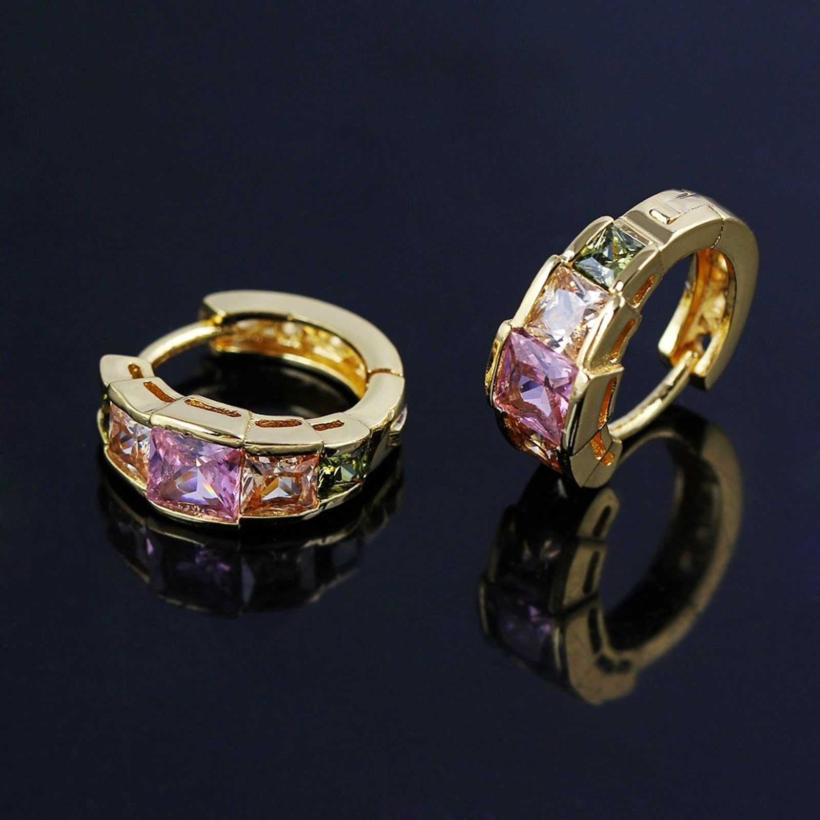 Pendientes de aro 750 de oro auténtico, pendientes para mujer, diseño hueco con cuadrado de cristal rosa, citrino, peridoto, boda, pendientes para novia, oro amarillo