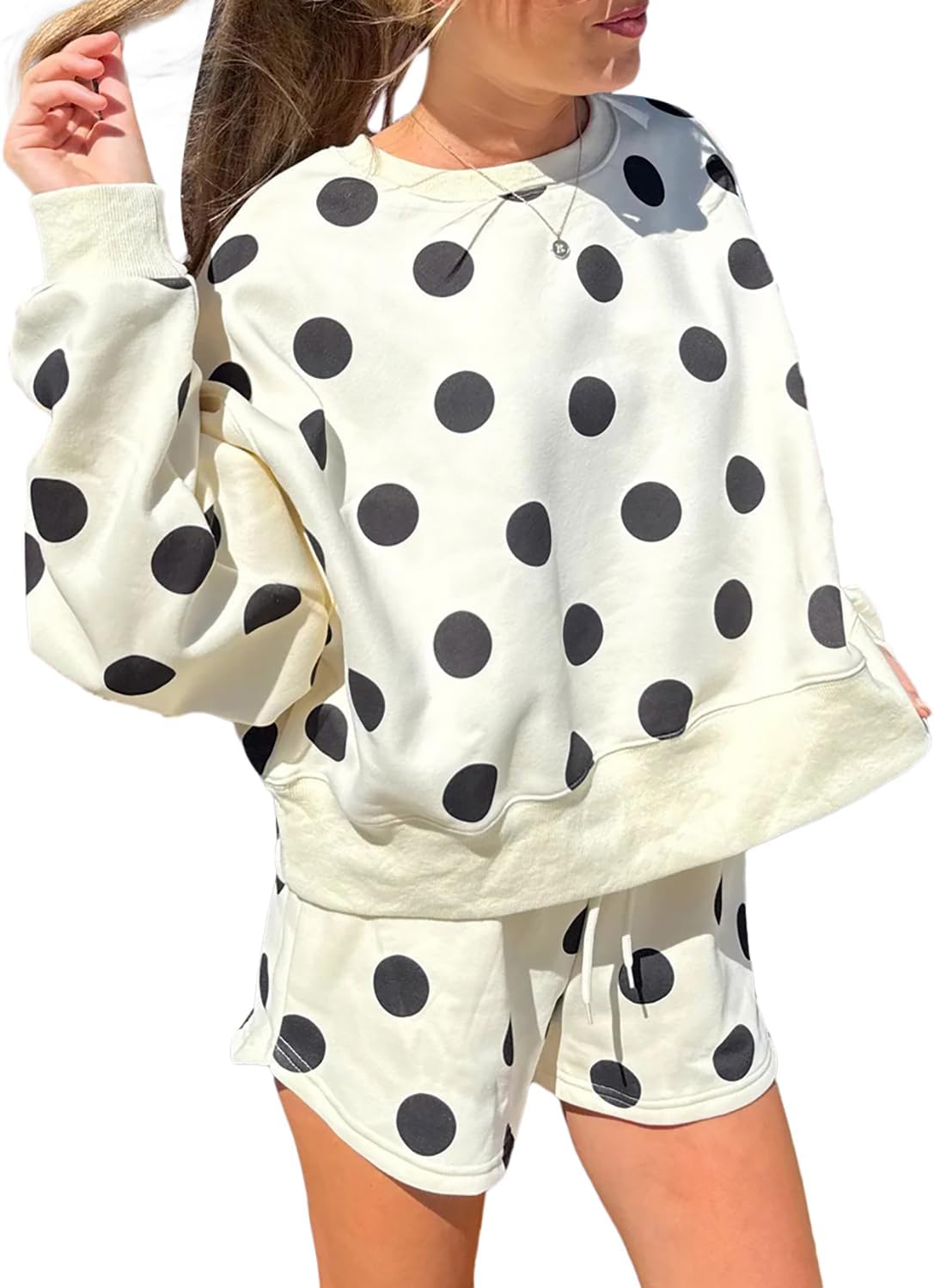 KevaMolly Womens Two Piece Lounge Sets Polka Dot Print Drop Shoulder Oversized Pullover Drawstring Shorts Set