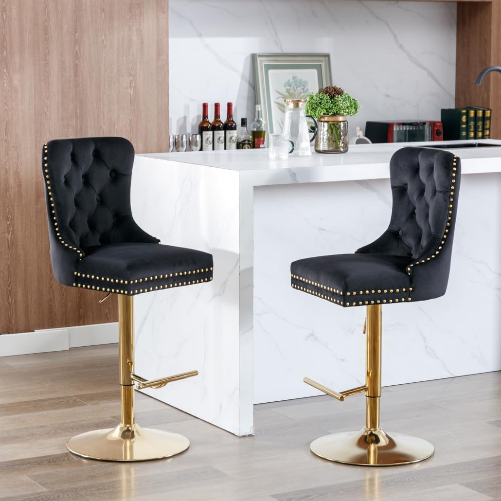 Swivel Bar Stools Set of 2, Velvet Upholstered Barstools Adjusatble Seat Height from 27-35 Inch, Bar Stools with Backrest for Home Pub and Kitchen Island, Black+Gold