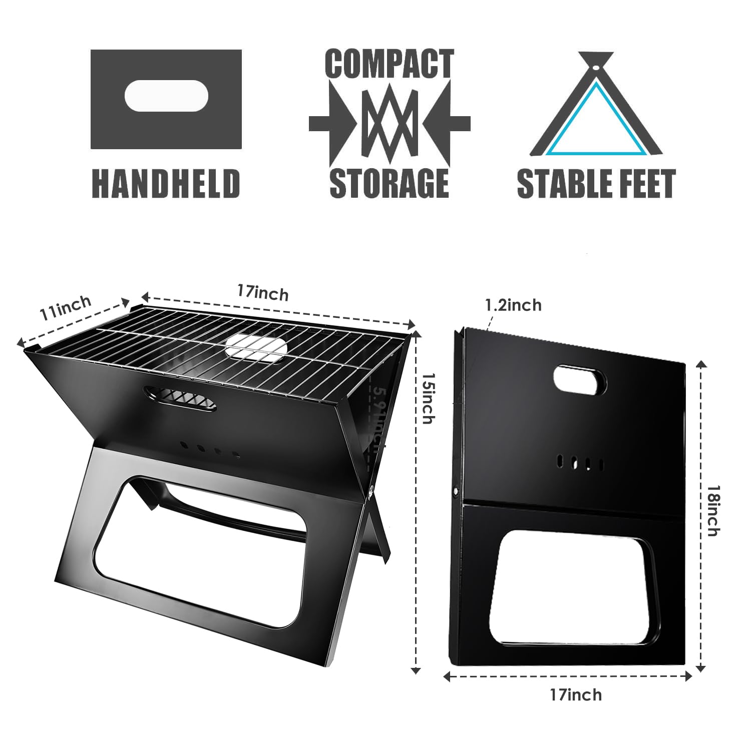 TeqHome Camping Campfire Grill, 17 Inch Portable Folding Charcoal Grills, Heavy Duty Fire Pit for Backpacking, Picnic, Bonfire, Patio, Backyard & Outdoor Cooking