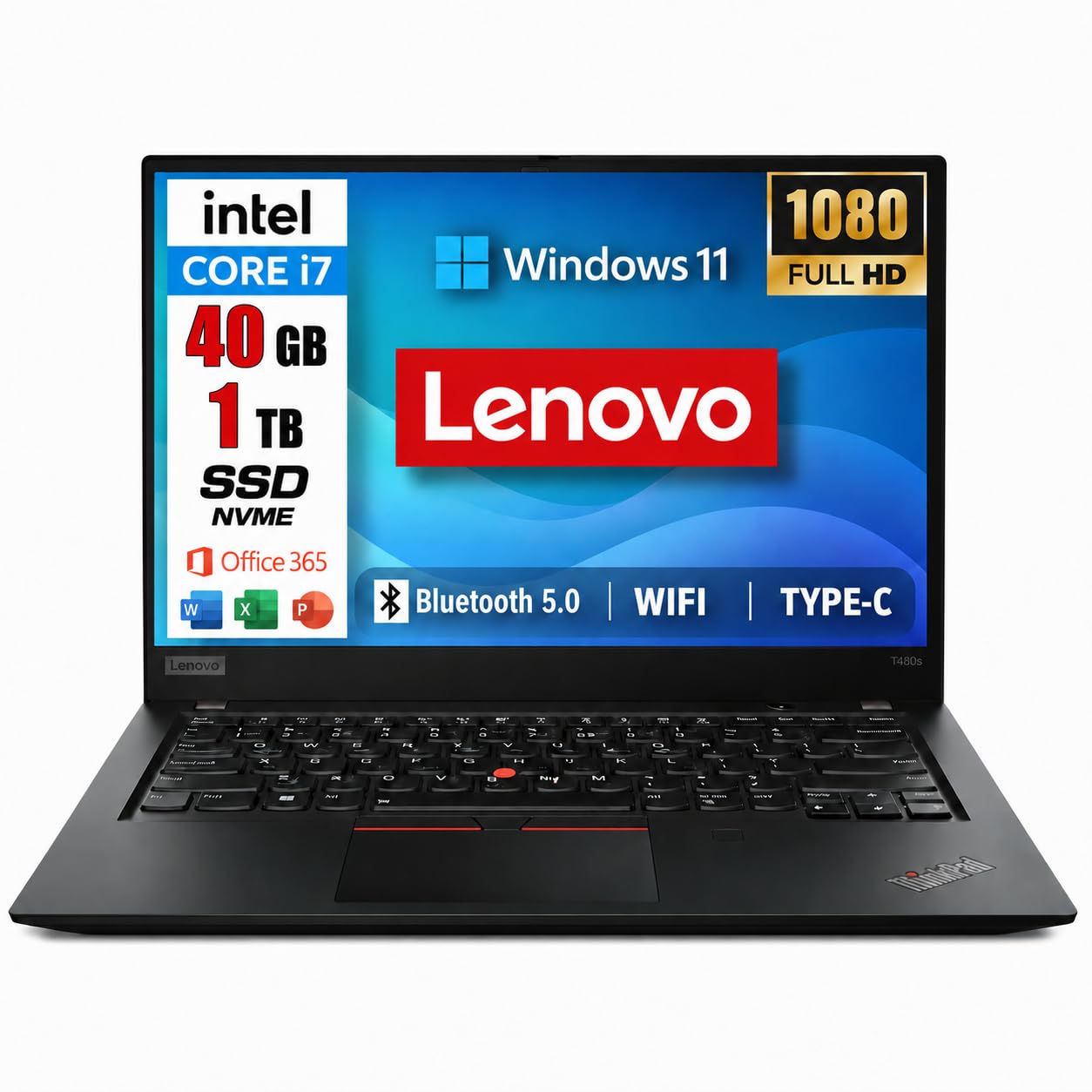 Lenovo ThinkPad T480s Ordinateur portable Windows 10 Pro – Intel Core i7-8550U, 12 Go de RAM, 256 Go SSD, IPS FHD 14" (1920 x 1080), écran mat, lecteur d'empreintes digitales, couleur noire