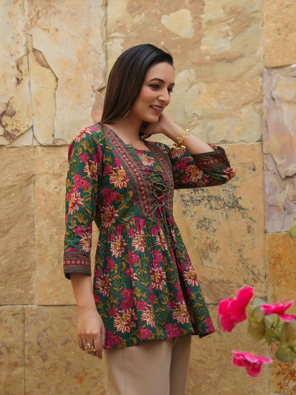Image of Women's Ethnic Printed Rayon Short Kurta | Stylish Round Neck V-Slit Straight Kurti | Comfortable, Office & Casual Kurta for Jeans, Leggings & Trousers