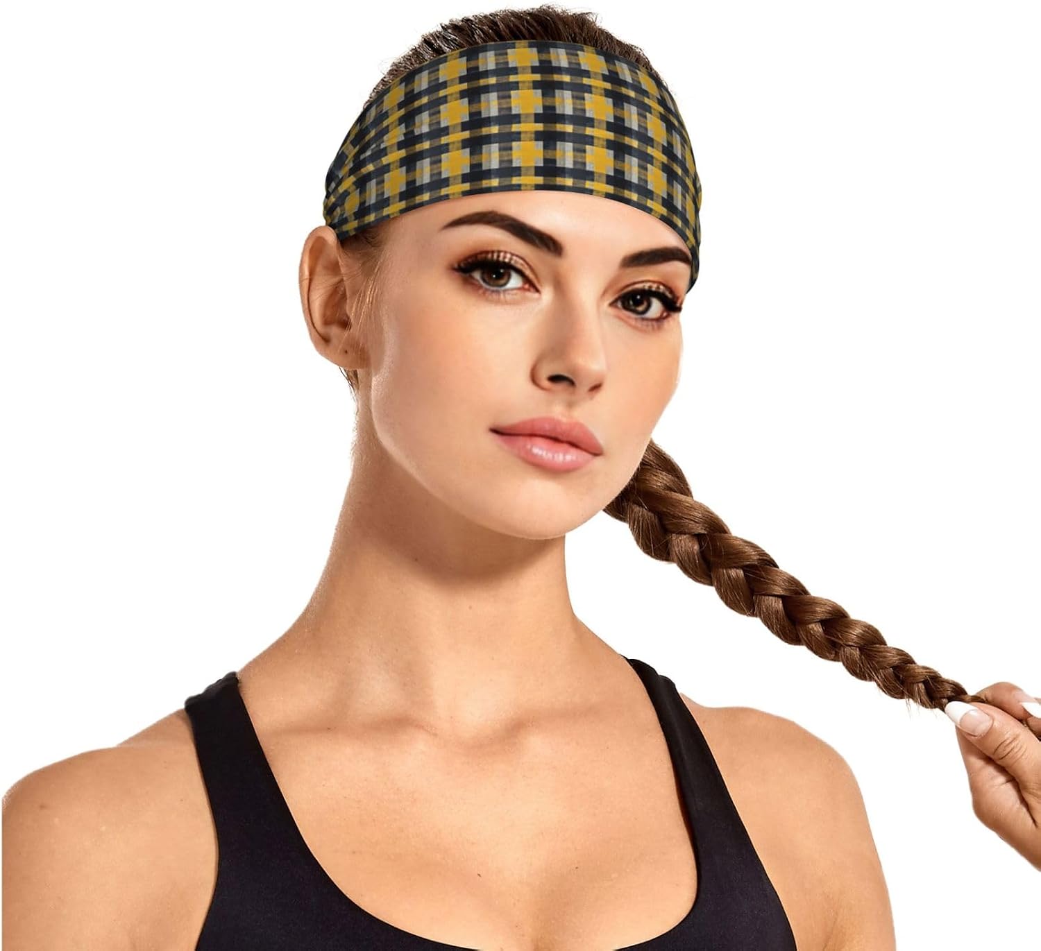 Yellow Gray Black Plaid Print Ultra-Soft Elastic Headband Running Headwear Outdoor Activities Seasonal Gifting
