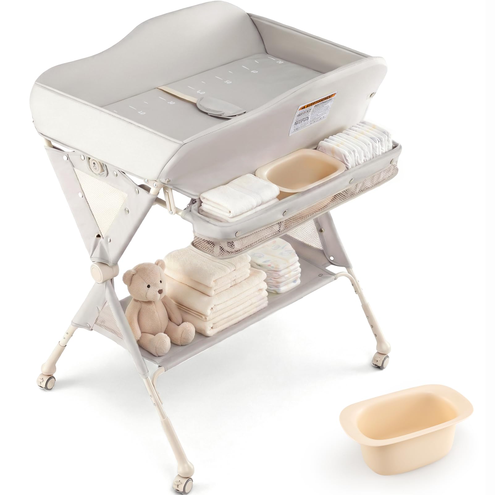 INFANS Baby Changing Table with Wheels, Portable Folding Diaper Station Nursery Organizer with Storage Basket, Hanging Rack, Adjustable Height, Safety
