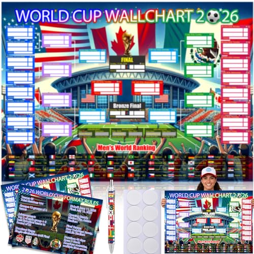 World Cup Schedule Poster 2026 & Final Round 48-Team Collection Showcase,2Pcs Folded Poster&Handwritten Ballpoint Pen,Football Wall chart Tournament Schedule and Team Info Chart Gifts for Soccer Fans
