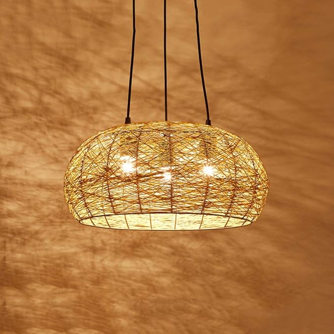 APLIK APLIK 3-Lamp Handgeweven Rotan Rieten Hanglampenkap E27 Vintage Interieur Hanglamp Natuurlijke Verlichtingsarmaturen Plafond Hangende Natuurlijke Handgemaakte Doe-het-zelf Verlichtingsarmaturen