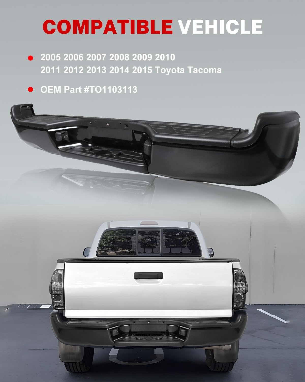 Rear Bumper Designed for 2005-2015 Toyo-ta Tacoma, with [Pads Brackets & License Plate Lights] Step Bumper, [End Bracket & Center Top Pad] Back Assembly Replace Part# TO1103114, Black