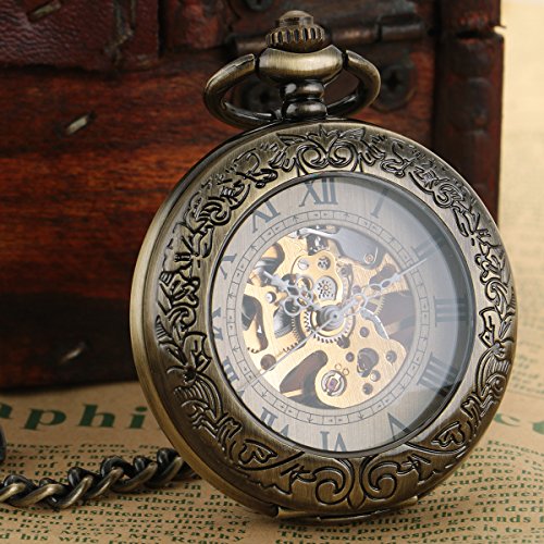 Image of SIBOSUN Pocket Watch Mechanical Skeleton Antique Men Bronze Roman Numerals Hand Wind