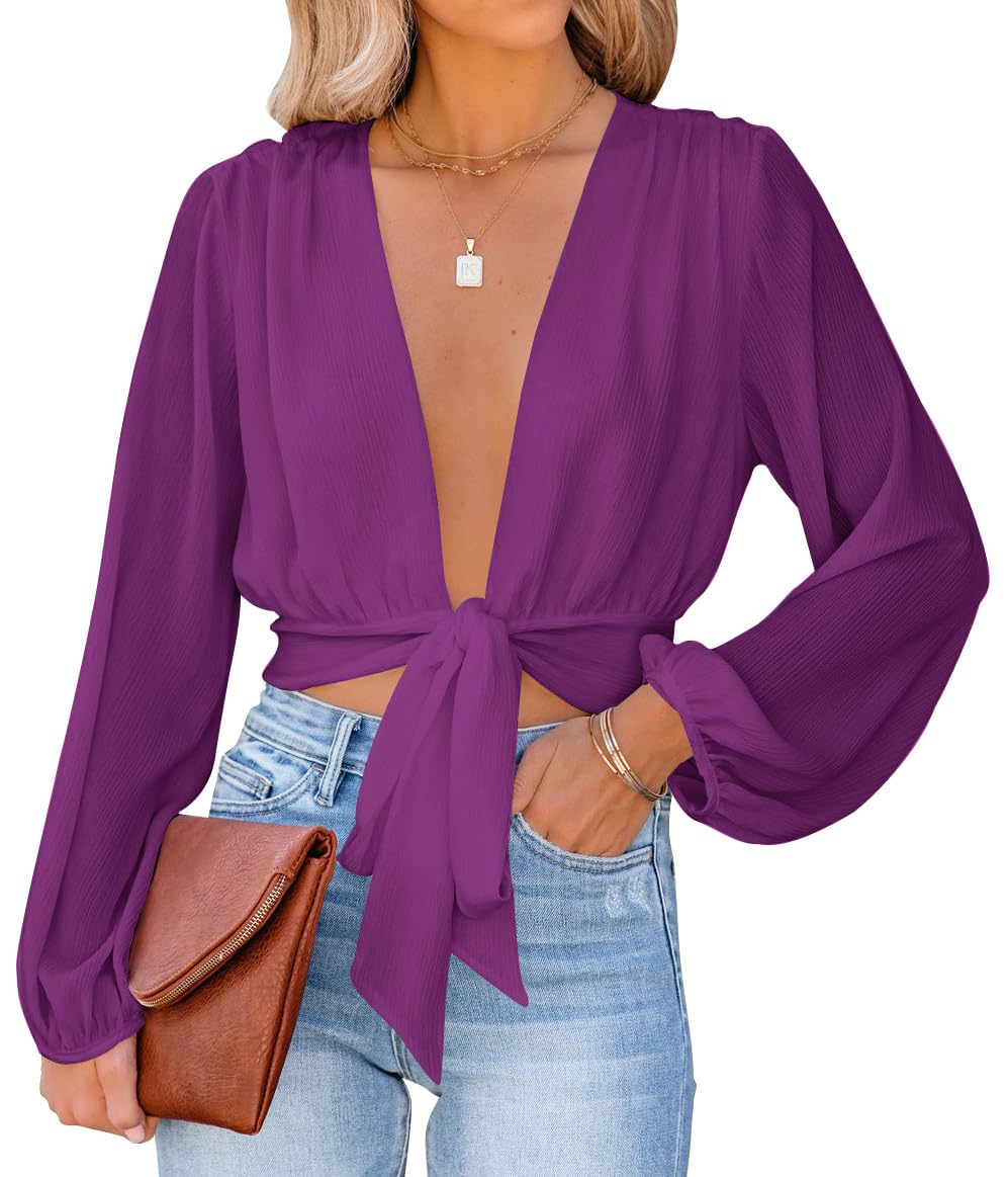 LYANER Women's Deep V Neck Sexy Wrap Crop Top