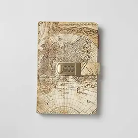 Caderno Diário Com Pauta Cadeado de Senha Mapa Mundi Couro Vintage A5 Segredo com Trava de Combinação Lock Fechadura Mapa Mundo Agenda Anotações Pautado 200 Páginas
