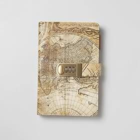 Caderno Diário Com Pauta Cadeado de Senha Mapa Mundi Couro Vintage A5 Segredo com Trava de Combinação Lock Fechadura Mapa Mundo Agenda Anotações Pautado 200 Páginas