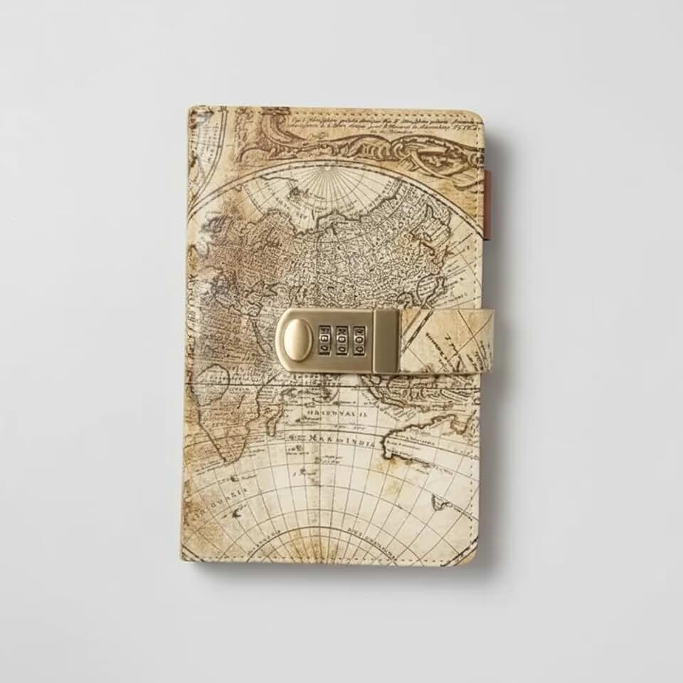 Caderno Diário Com Pauta Cadeado de Senha Mapa Mundi Couro Vintage A5 Segredo com Trava de Combinação Lock Fechadura Mapa Mundo Agenda Anotações Pautado 200 Páginas