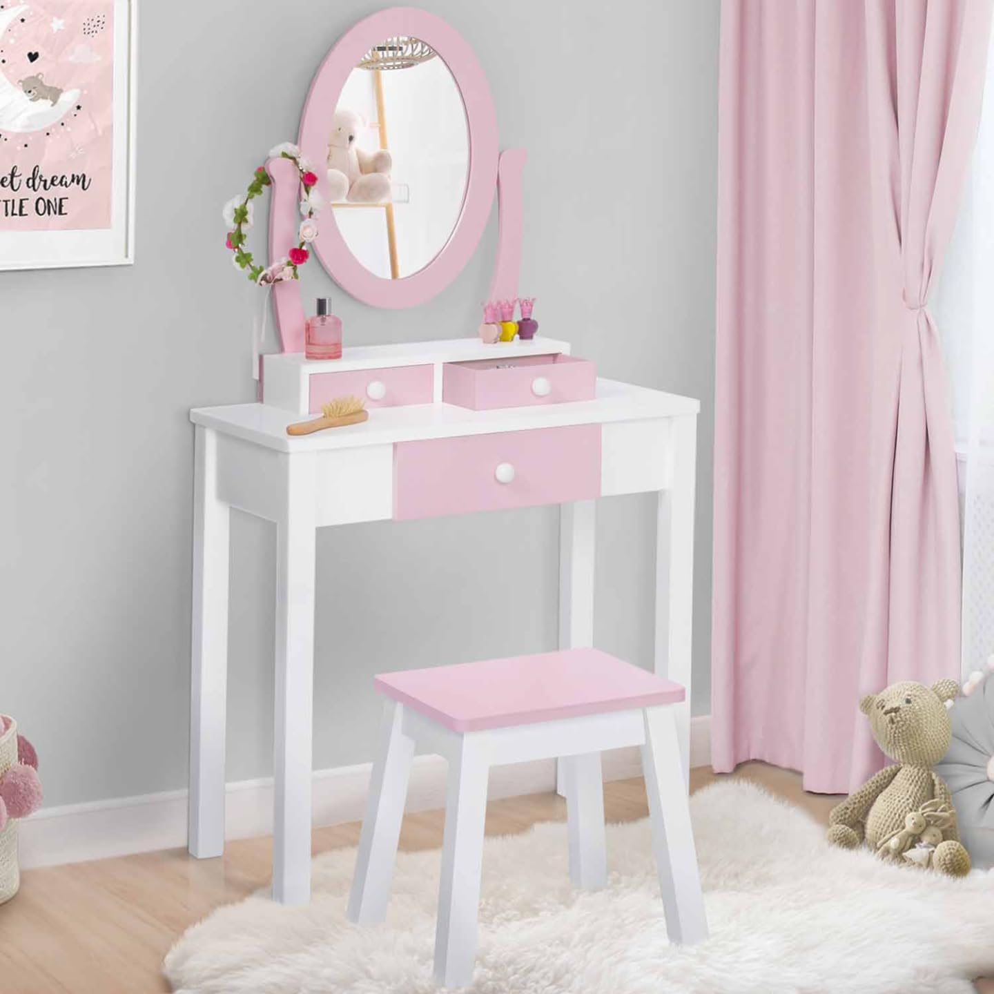 IDMarket - Tocador infantil BETTANY con espejo y taburete