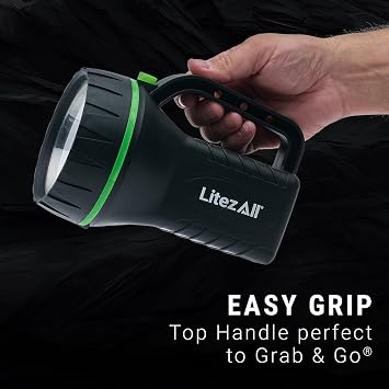 LitezAll Handle Flashlight - Lantern | 200 Lumen Retro Style Handheld Spotlight | IPX4 Weather Resistant Resin Work Light | Built-In Storage for 6 Extra Batteries | 3 AA Batteries Included