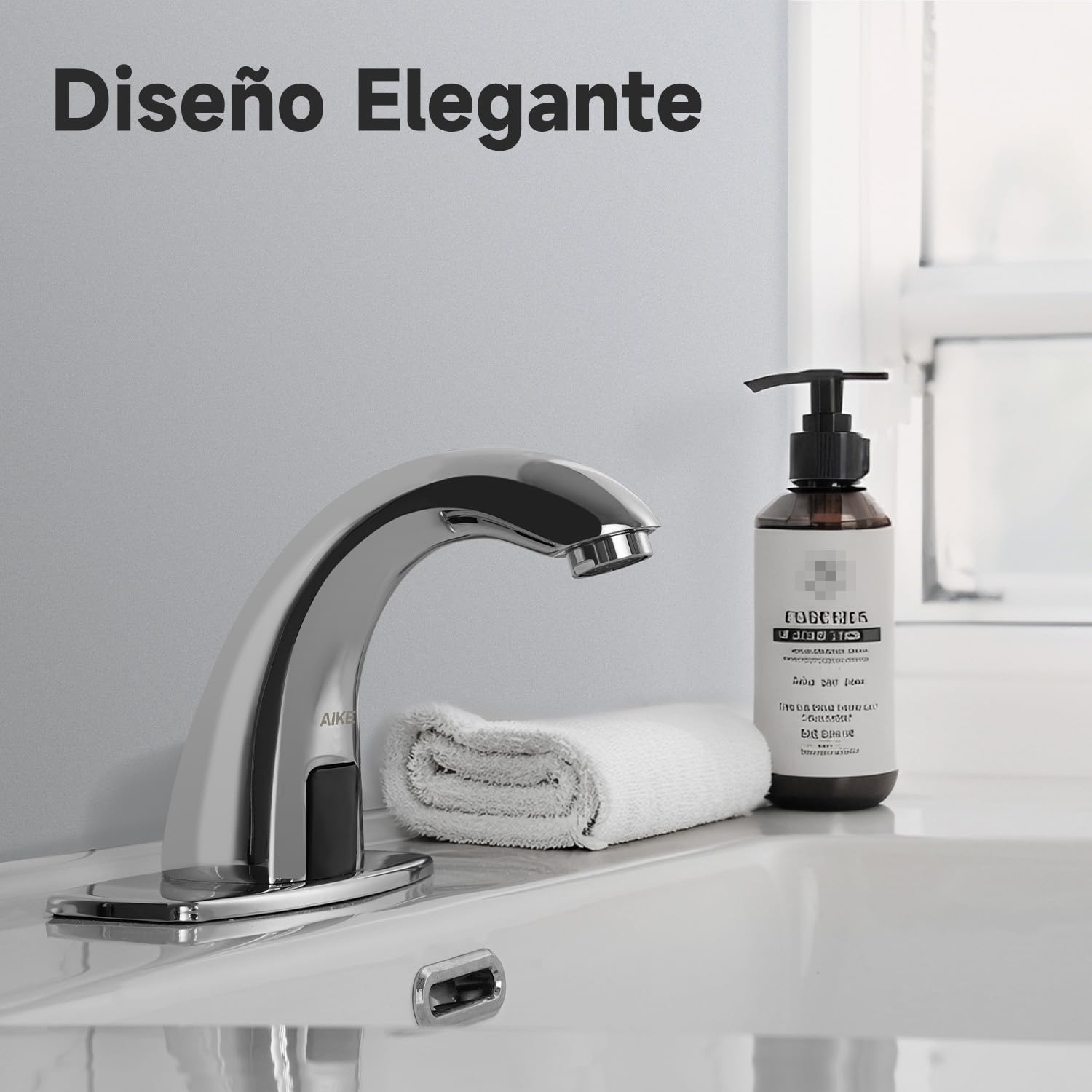 AIKE AK7500 Grifo Sin Contacto para Baño, Grifo Automático con Sensor de Un Solo Agujero con Placa de Cubierta para Baños Comerciales, Cromo