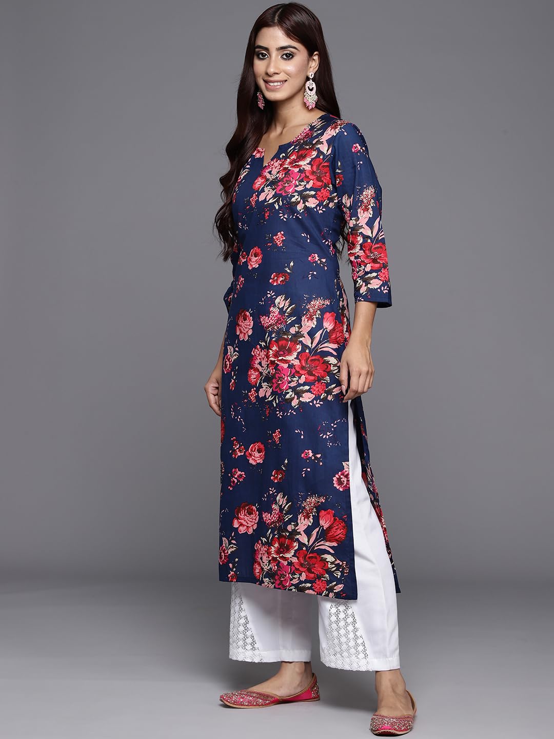 Varanga Women's Blue Floral Printed Straight Kurta - Stylish Ethnic Wear | Elegant Traditional Attire For Festive And Casual Occasions (Small)