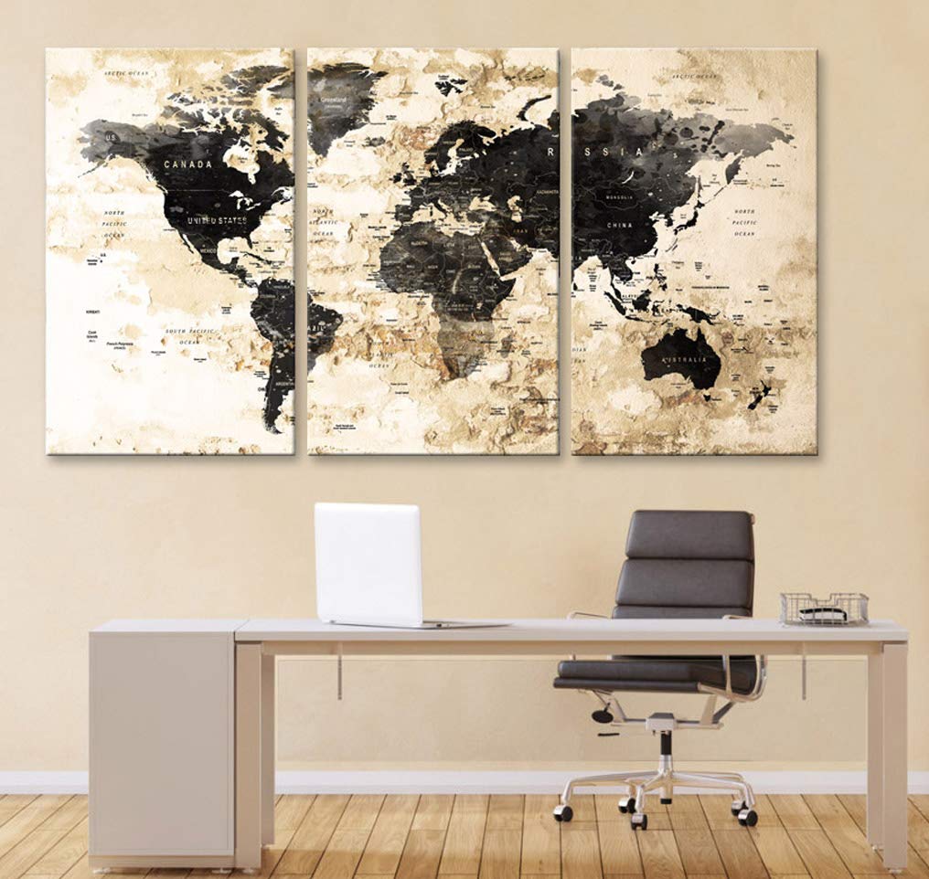 Original by BoxColors LARGE 30"x 60" 3 panels 30x20 Ea Art Canvas Print Watercolor Black Beige Map World Push Pin Travel cities Wall home office decor (framed 1.5" depth) M1827