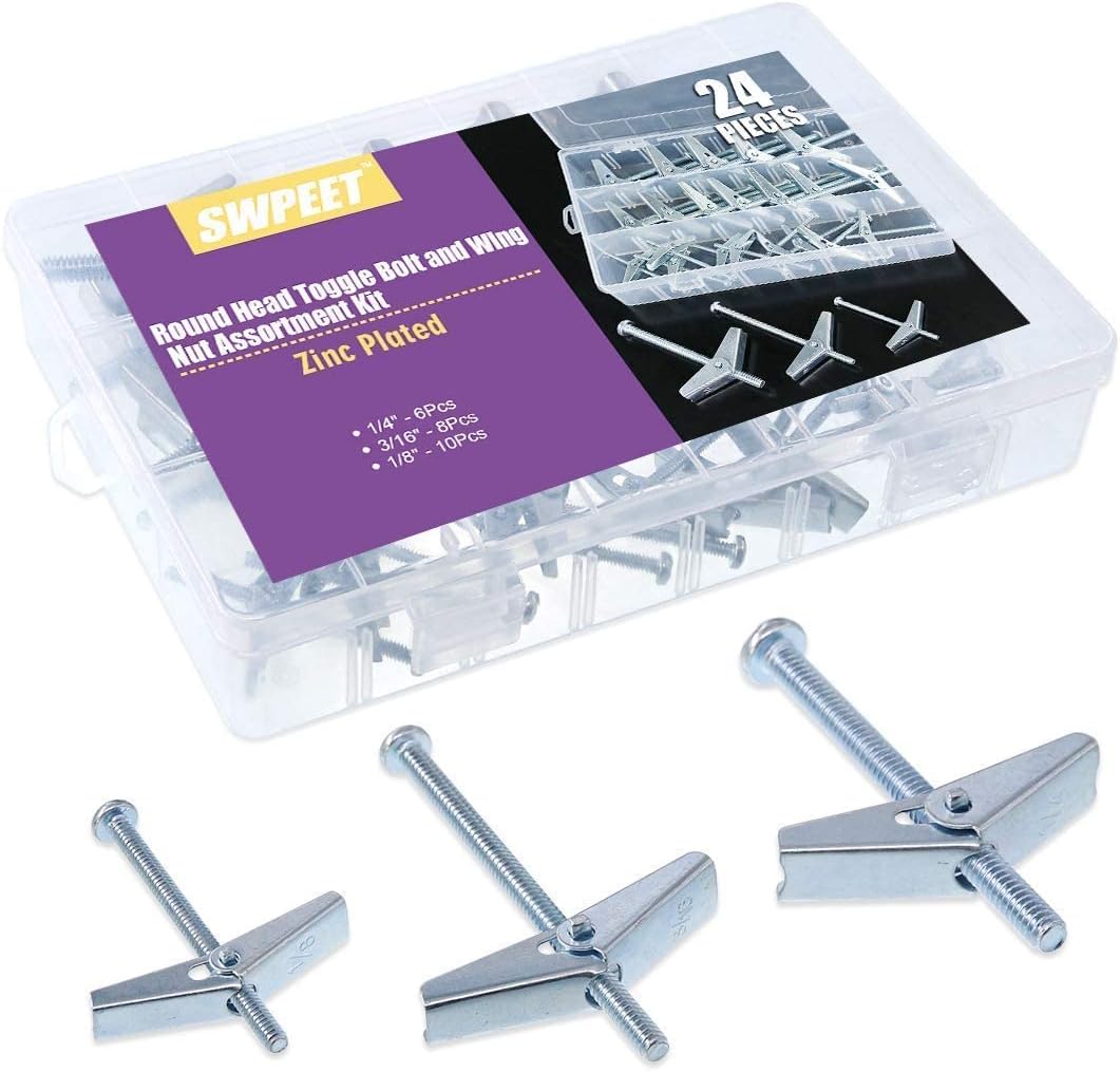 Swpeet 200Pcs Drywall Anchors with Screws + 24Pcs Toggle Bolt + 220Pcs Hollow Drywall Anchors