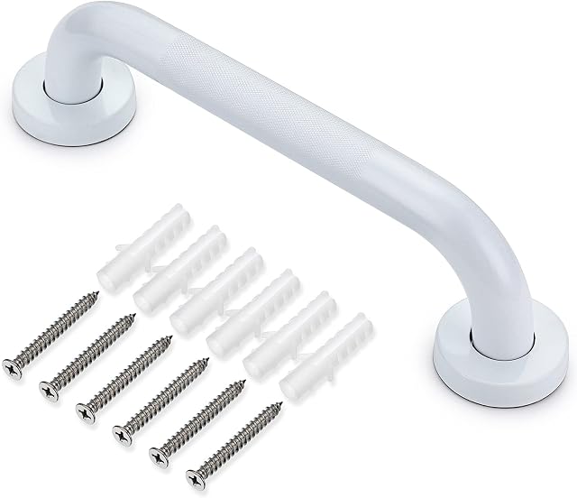 BTSKY 30cm Stainless Steel Bath Grab Shower Handle with Anti-Slip Grip - Disabled Elderly Children Mobility & Daily Living Aids Assist Safety Support Handle, Towel Holder White