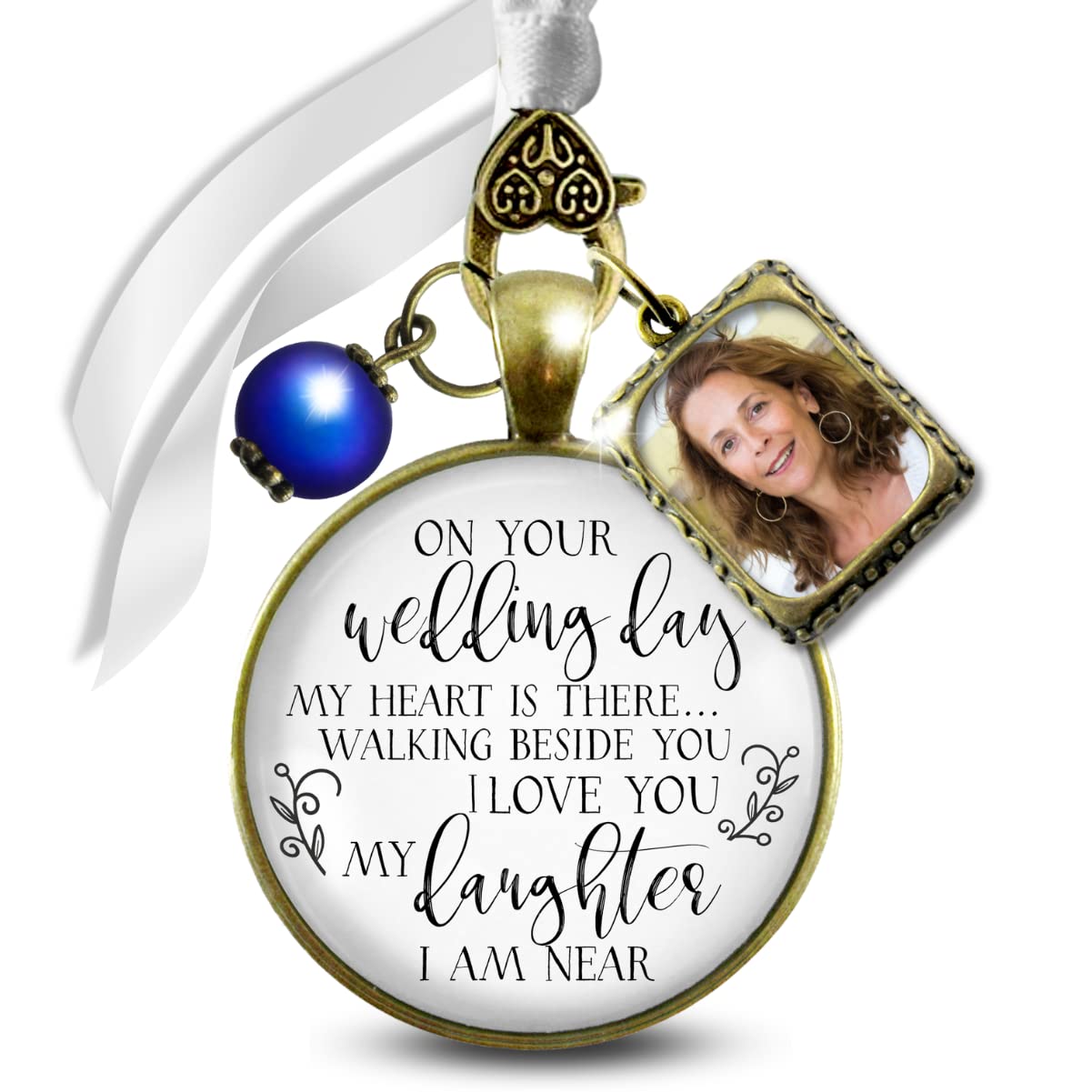 Bouquet Charm Wedding Memory On Your Wedding Day My Daughter Bridal Mom or Dad Bronze & Glass Memorial Pendant - Something Blue Bead & Frame Loving Keepsake on Bridal Flowers, Sentiment Card, Gift Box