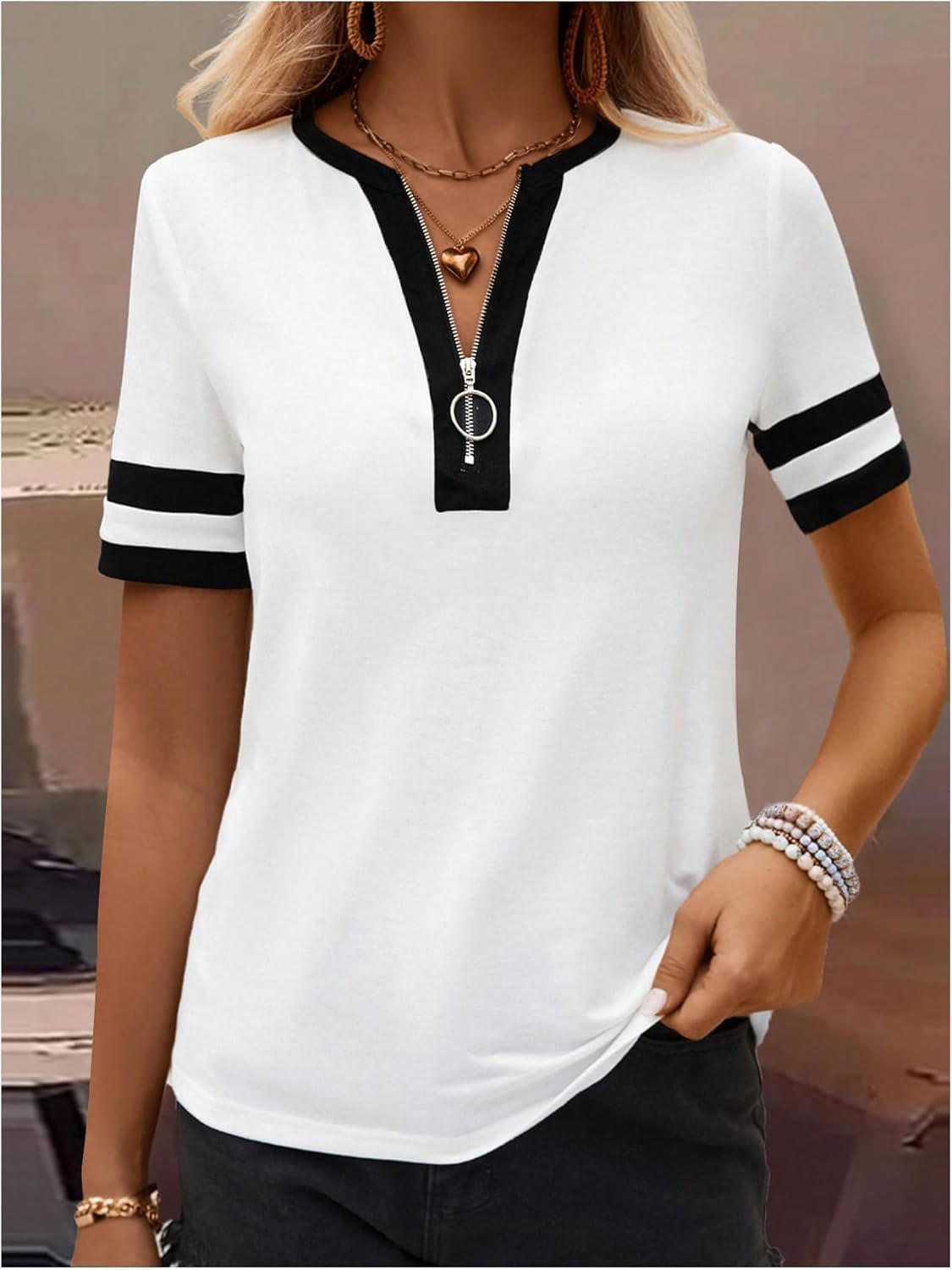 SHENHE Women's Summer Short Sleeve Ringer Tee Half Zip Color Block Casual Going Out Tshirt - Image 3