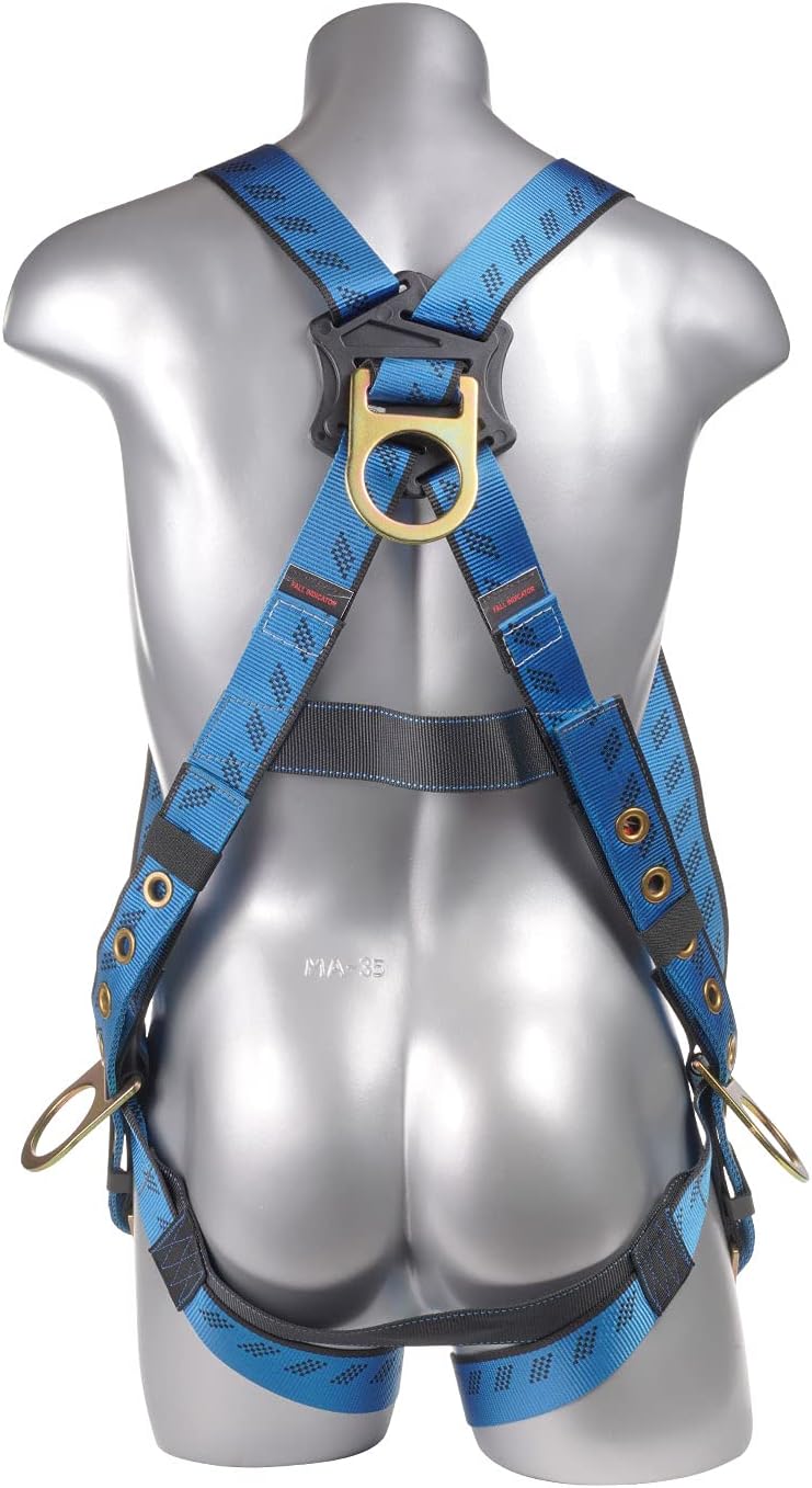 KStrong UFH10131G Kapture Essential 3-Point Full Body Safety Harness Fall Protection with 3 D-Rings, Quick Connect Chest and Tongue Buckle Legs, ANSI Compliant, S-L, Blue/Black