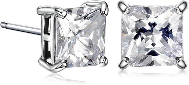 GULICX Diamante CZ Square Pierced Studs Rose Gold/Silver Tone 7mm Stone Earrings Men Women