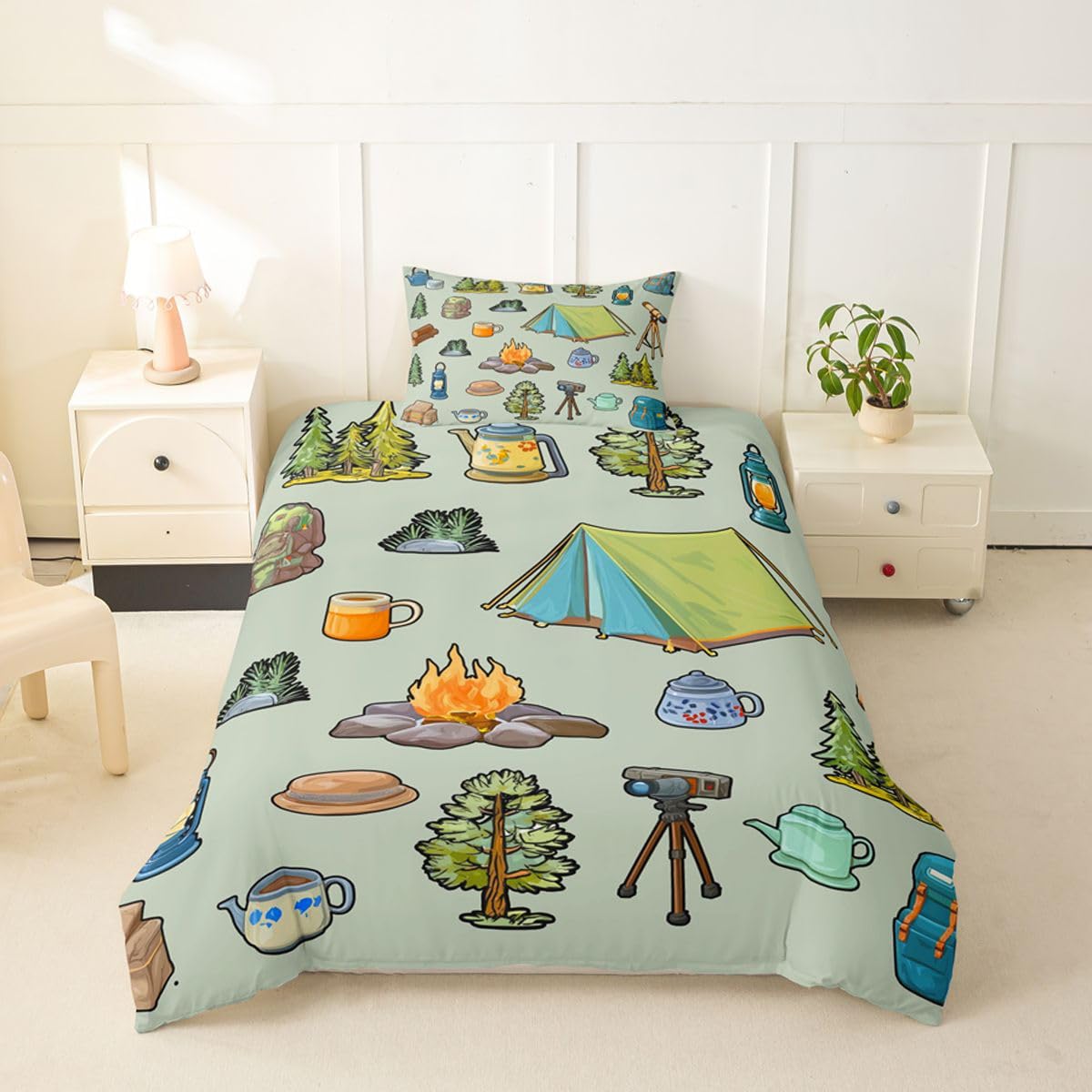 Loussiesd Funda de edredón con temática de campista verde, tamaño Super King, funda de edredón para niños y niñas, accesorios de caravana, juego de ropa de cama, 3 piezas, decoración de habitación