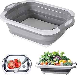 otutun Lavabo Portable, Planche à Découper Pliante 3 en 1 Cuvette Pliante Camping Multifonctions avec Bouchon de Vidange Panier pour Laver et Stocker des Fruits et Légumes (Gris Blanc)