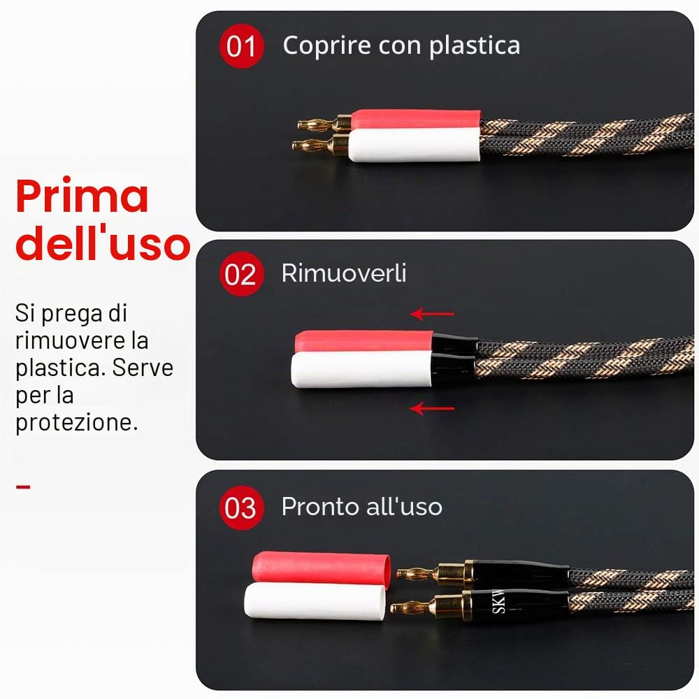 SKW Un paio Audiofilo Cavo per altoparlanti con connettori a banana placcati in oro, Treccia in Nylon, Cavo Qualità Hi-Fi - 1.5M