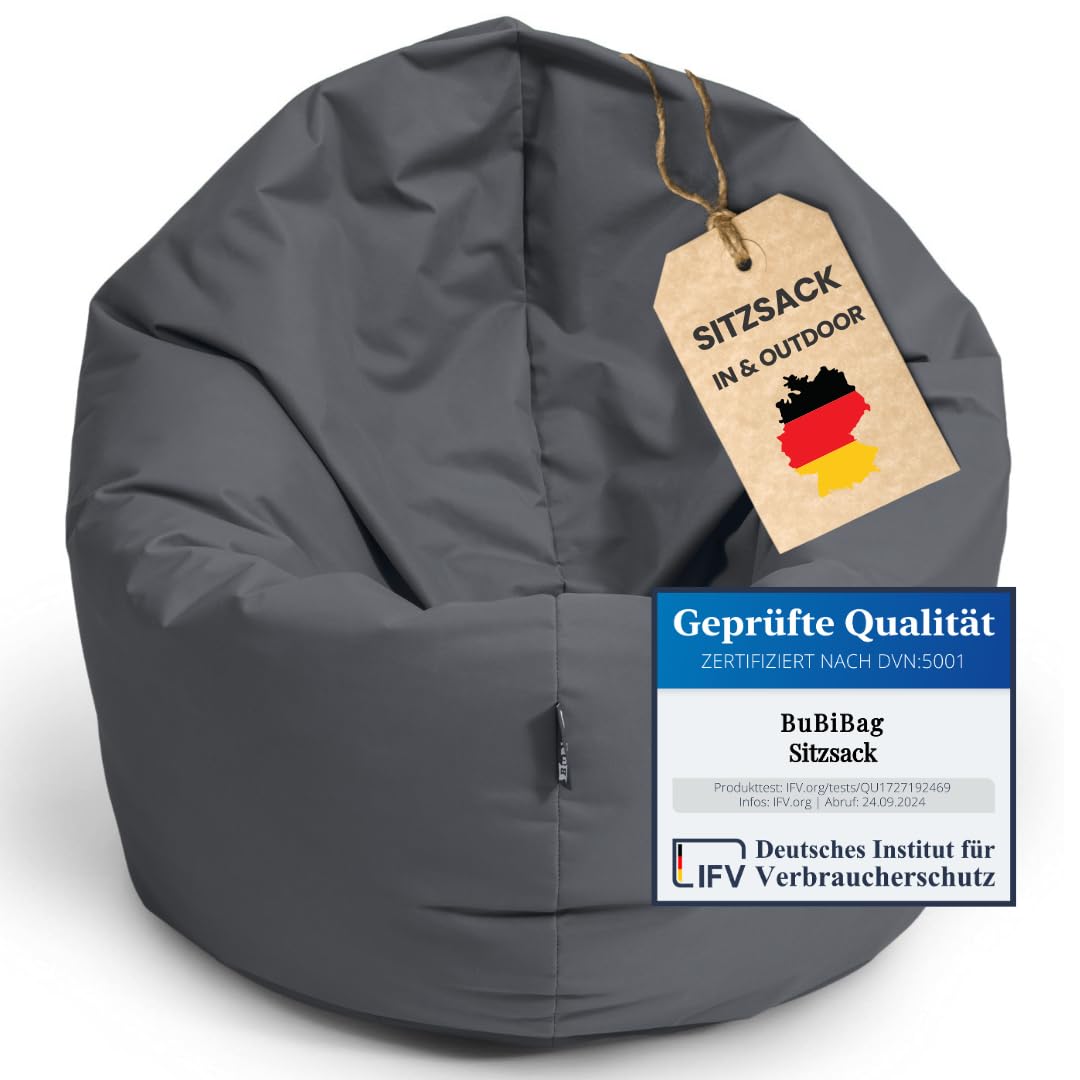 BuBiBag 2in1 Sitzsack L - XXL mit Füllung für Kinder & Erwachsene, Gaming Beanbag & Bodenkissen für Indoor & Outdoor Sessel Pflegeleicht & Wasserabweisend XL UNIVERSELL (Ø 130 cm Anthrazit)