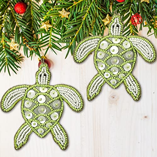 Silk Sea Turtle Ornaments For Christmas Tree, Nautical Ocean Life Decorations, Coastal Beach Decor - Caribbean Blue With Capiz Seashells And Beads (Palm Green) By Christmas Market Ornaments #TOP2