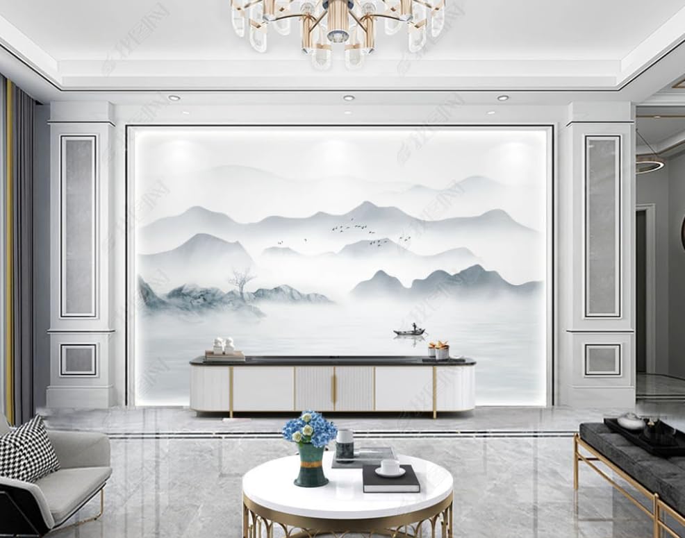 Papier peint intissé encre de paysage style chinois pour grand mur de salon 300x210 cm