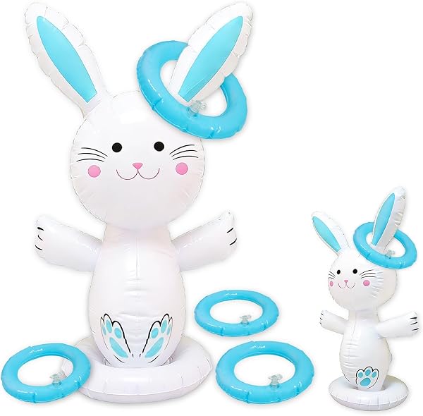 dellyy Jeux de Lancer Lapin Gonflable Pâques, Jeu de Lancer d'Anneaux Gonflable, Lancer de Pâques Gonflable, Intérieur Extérieur Jeux Familial pour Jardin Fête Cadeaux - 1