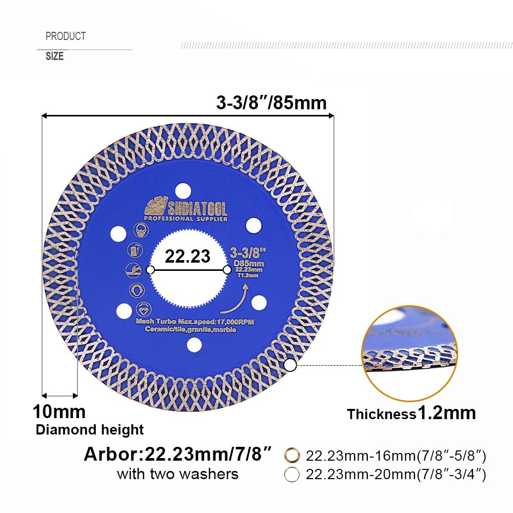 SHDIATOOL Diamentowa tarcza do cięcia 5 szt., 85 mm, 3-3/8 cala, super cienka X Mesh Turbo brzeszczot do płytek, marmuru, ceramiki, porcelany