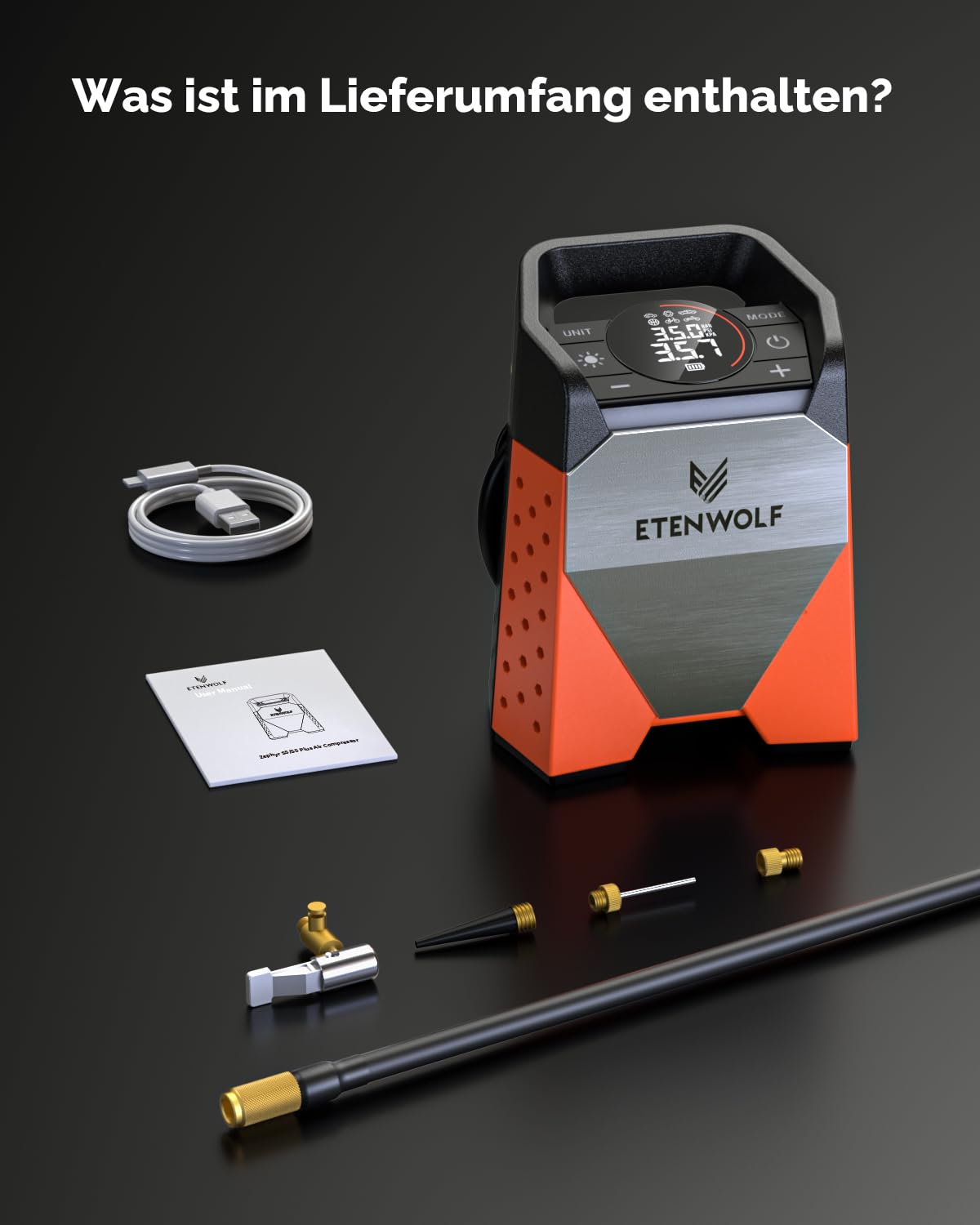 ETENWOLF ZEPHYR S3-7800mAh Elektrische Luftpumpe, 160 PSI/11.03Bar Tragbarer Luftkompressor Für Auto,Motorrad,Fahrrad,Bälle, 1 Minute Schnellbefüllung und Digitalen LED Leuchten, USB-Powerbank