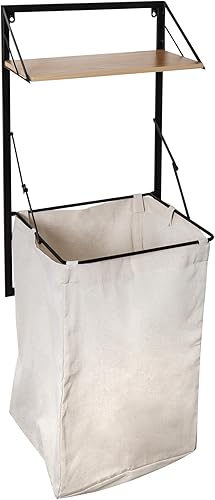 Honey-Can-Do Cesto de ropa plegable para montar en la pared con bolsa de lavandería de lona y estante de madera, negro/arce HMP-09783 negro